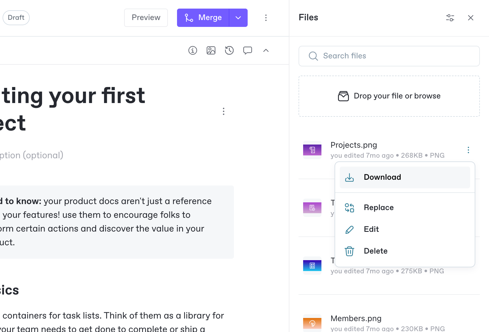 A screenshot of a GitBook space with the files side panel open. The triple dot icon to the right side of a file has been clicked on to reveal a menu with the following options: download, replace, edit, and delete.